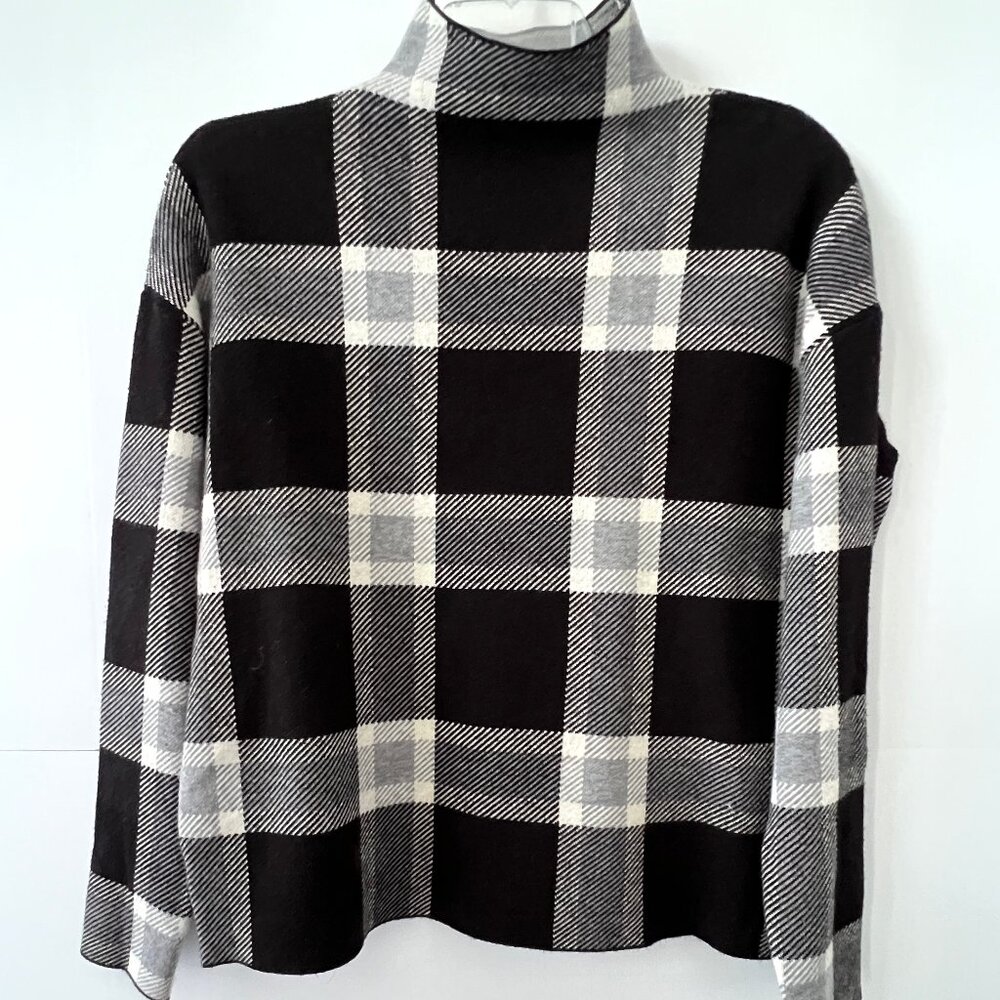 Max Studio Sweater, Pullover Mock Neck, Black and White Block Plaid Print, Lg